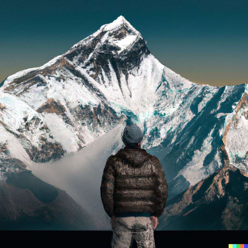 someone gazing at Mount Everest, digital art, faux-3D style